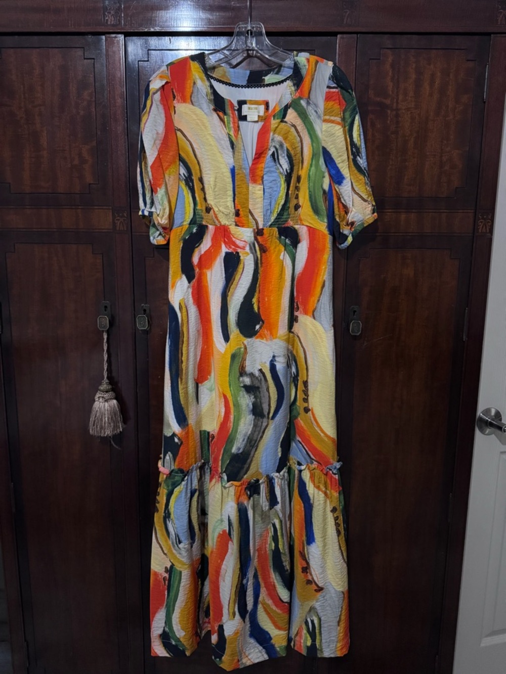 Maeve Multicolor Abstract Swirl Maxi Dress — Orange, Yellow, Blue & Black